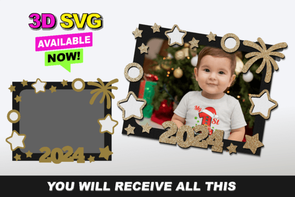 New Year 2024 Frame SVG: 3D Design for Festive Shapes